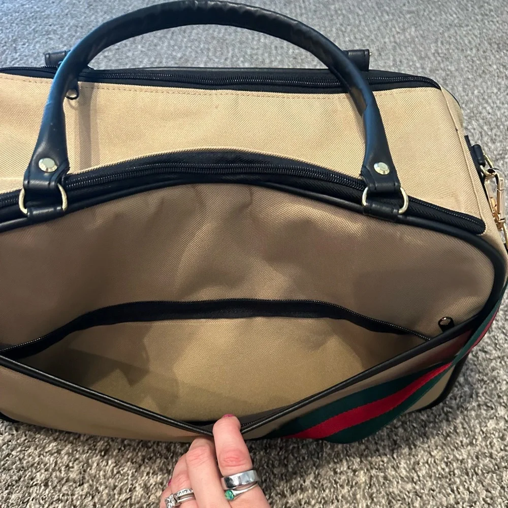 Tan Pet carrier bag with Striped Accents.